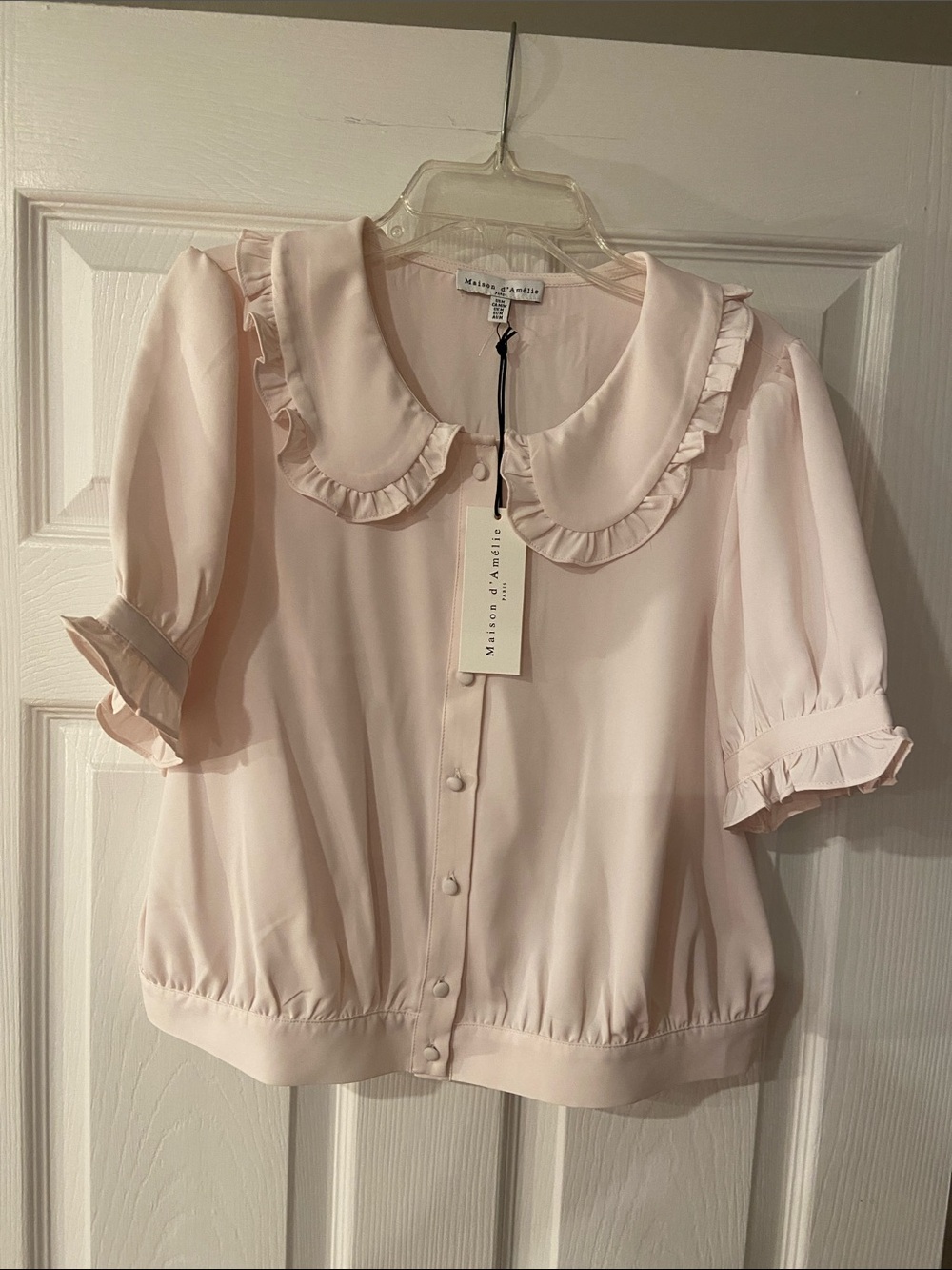 Pale Pink Ruffle Collar Button Front Top
